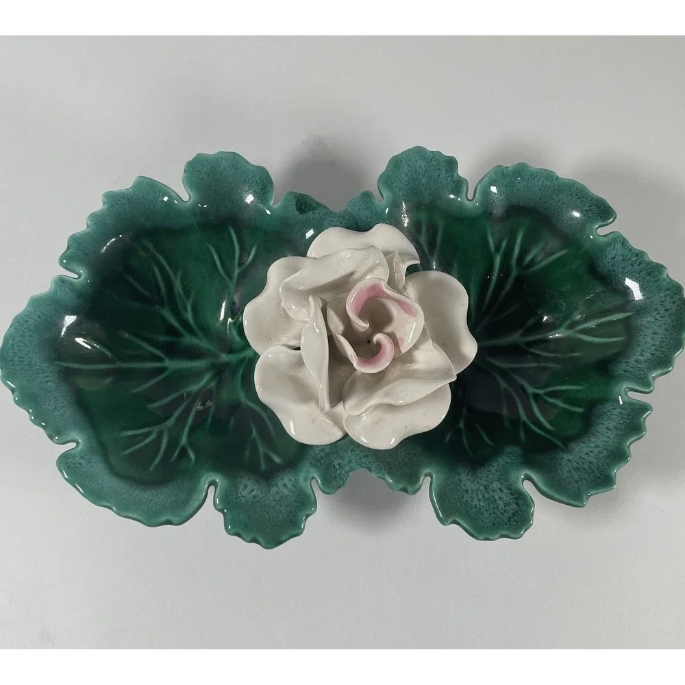 Vintage USA Pottery Leaf and Rose Divided Dish Mid Century‎ Trinket Bowl